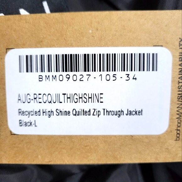 BoohooMAN Recycled High Shine Quilted Zip Through Jacket Size L Black - Picture 9 of 9